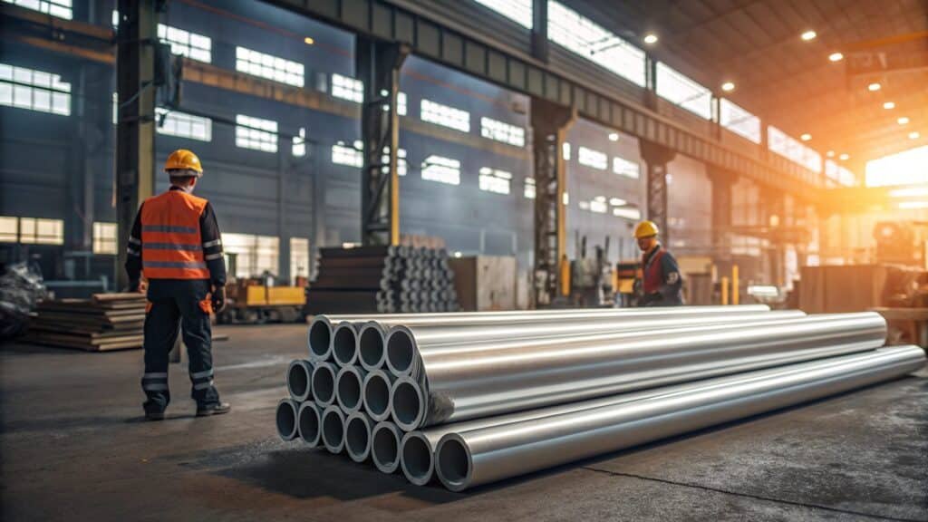 A futuristic image of a forging press operated by robots with digital overlays showing real-time temperature and pressure data.